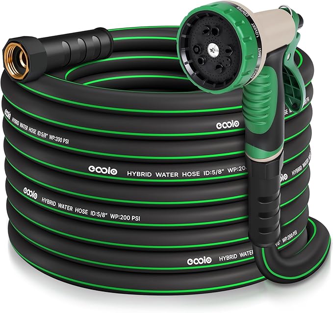 Heavy Duty Garden Hose 50 ft NON-EXPANDABLE Water Hose with 10 Function Spray Nozzle Lightweight Kink-less Hybrid Hose with Swivel Handle Male to Female Fittings