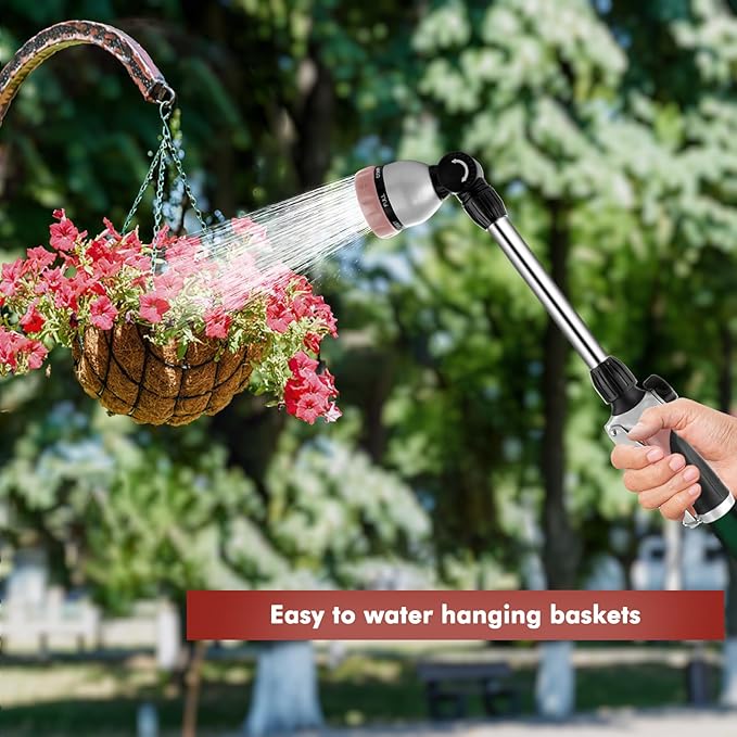 RESTMO Metal Watering Wand Heavy Duty Garden Hose Wand with 180° Swivel Head 16'' Hose Nozzle Sprayer with 7 Spray Patterns and Flow Control for Water Hanging Baskets and Shrubs Rose Gold