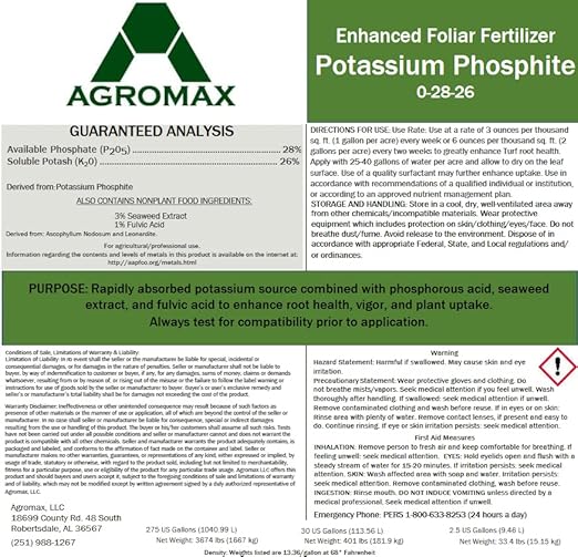 0 28 26 (2.5 Gallons) by AGROMAX - Potassium Phosphite Concentrated Liquid Fertilizer with Soulble Potash Seaweed Extract and Fulvic Acid.
