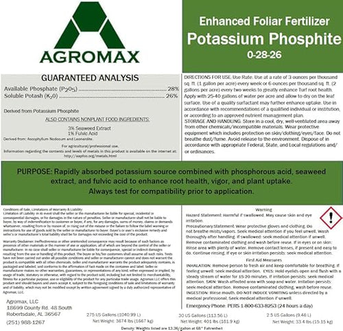 0 28 26 (2.5 Gallons) by AGROMAX - Potassium Phosphite Concentrated Liquid Fertilizer with Soulble Potash Seaweed Extract and Fulvic Acid.