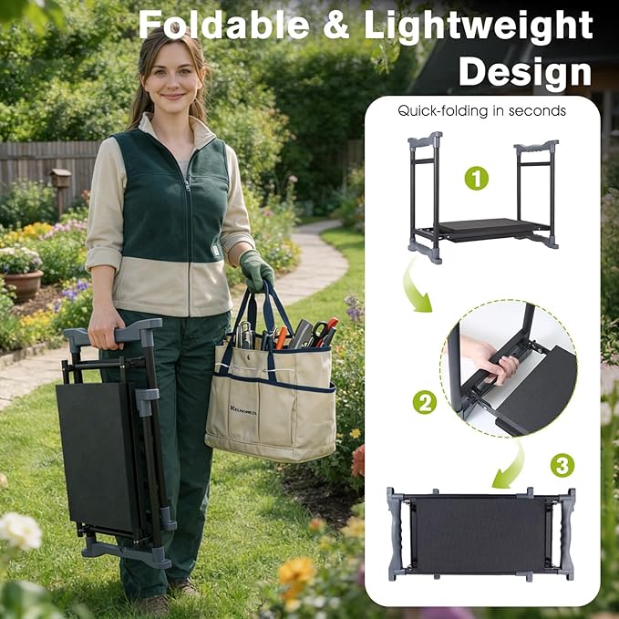 Garden Kneeler and Seat with Umbrella 2-in-1 Foldable Gardening Stool with Adjustable Bracket Detachable Tool Bags Heavy Duty Kneeling Pad for Gardening (Beige Blue)