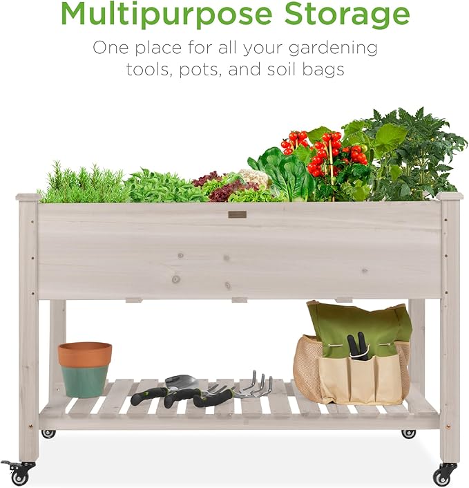 Best Choice Products Raised Garden Bed 48x24x32-inch Mobile Elevated Wood Planter w/Lockable Wheels Storage Shelf Protective Liner - White