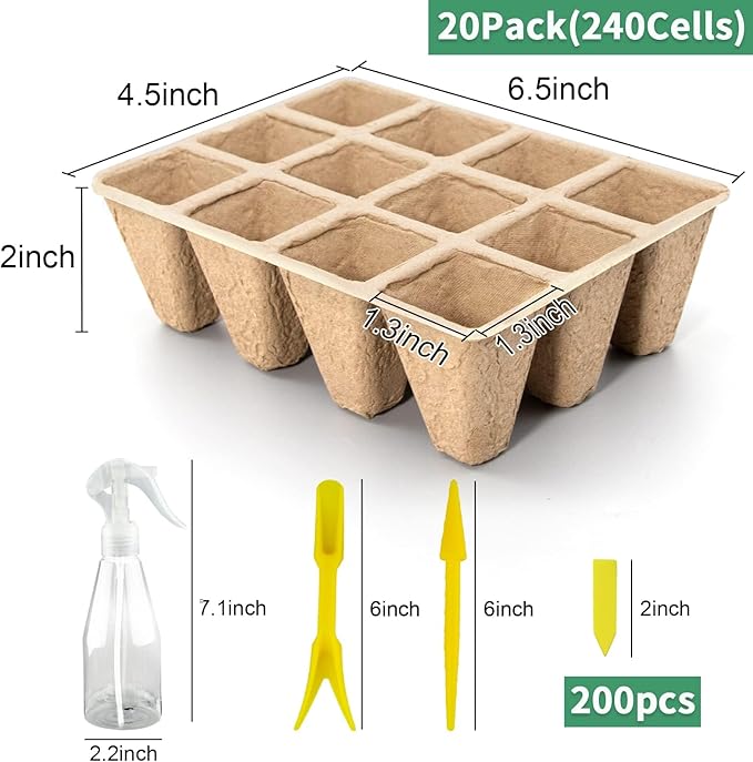 SYITCUN 240 Cells Seed Starter Tray 20 Pack Seed Starter Kit for Planting Seeds Biodegradable Peat Pots Value Germination Kit with 200 Plant Labels 2 Transplanting Tools 1 Spray Bottle