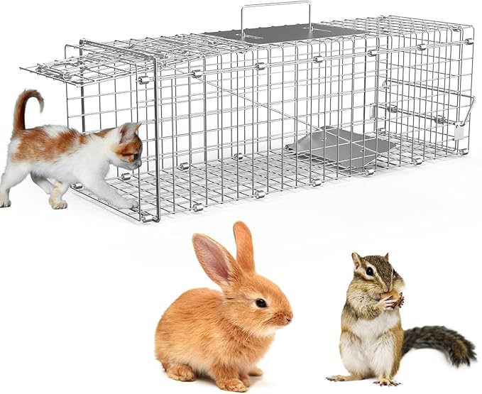 KOCASO 23.3 Live Animal Cage Trap Collapsible Galvanized Wire with Pedal Trigger Humane Trap for Stray Cats Squirrels Raccoons Mice Groundhogs (Silver)