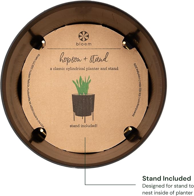 Bloem Hopson Decorative Resin Cachepot with Metal Stand 10 Indoor and Outdoor Planter with Gold Metal Stand Black