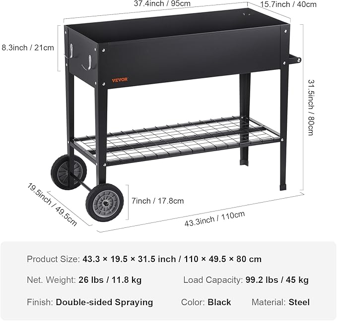 VEVOR Raised Planter Box with Legs and Wheels Larger Size 43.3x19.5x31.5 Outdoor Elevated Garden Bed On Wheel Metal Planting Boxes for Growing Flowers/Vegetables/Herbs in Backyard/Garden/Balcony