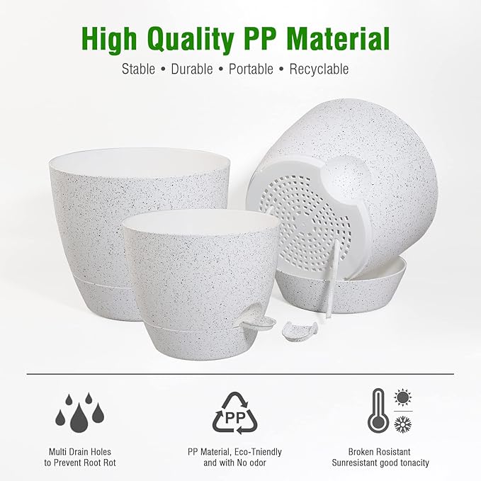 Large Self Watering Pots 12/10/9 Plastic Planters with High Drainage Holes and Deep Reservoir for Indoor Outdoor Garden Plants and Flowers White Speckles