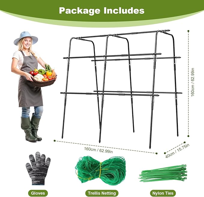 Cucumber Trellis for Raised Bed 63 Inch A-Frame Garden Trellis for Climbing Plants Outdoor Vine Trellis with Net Plant Support for Tomato Vegetables Flower (63 L×15.8 W×63 H-Large)