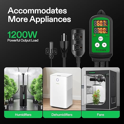 VIVOSUN Humidity Controller 1200W Dual-Stage Outlet Pre-Wired Digital Humidistat with Dual LED Displays for Humidifier/Dehumidifier/Fan Ideal for Greenhouse Grow Tent Home-Brewing Mushroom