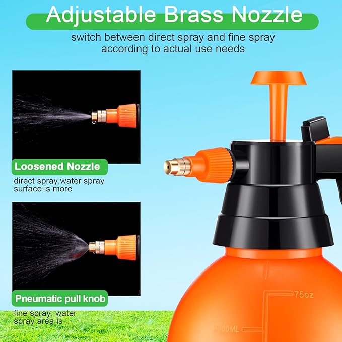 Nuogo 3 Pcs Handheld Pump Sprayer 2L Manual Garden Pressure Sprayer Pump Spray Bottle with Adjustable Brass Nozzle for Lawn Plants Weeds Spraying Watering(Orange)