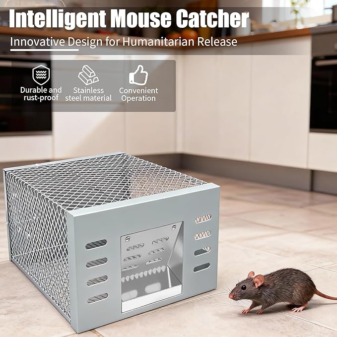 Eaglever Mouse Trap Eaglever Rat Trap Stainless Steel Automatic Mousetrap Automatic Rat Trap Automatic Mouse Trap Easy to Set Mice Catcher for Indoor and Outdoor (2 PCS)