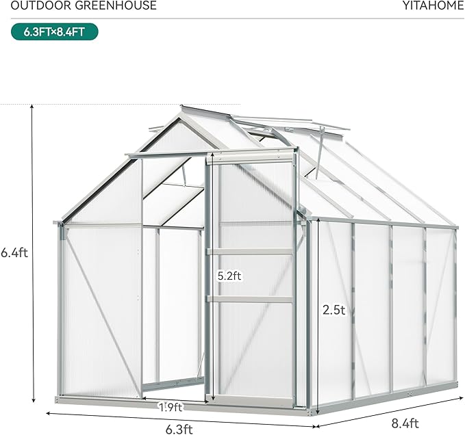 YITAHOME 6x8FT Polycarbonate Greenhouse Heavy Duty Green Houses Outdoor Aluminum Greenhouses with Sliding Doors Vent Window Walk-in Greenhouse Large Sun House for Garden Backyard Matte Silver
