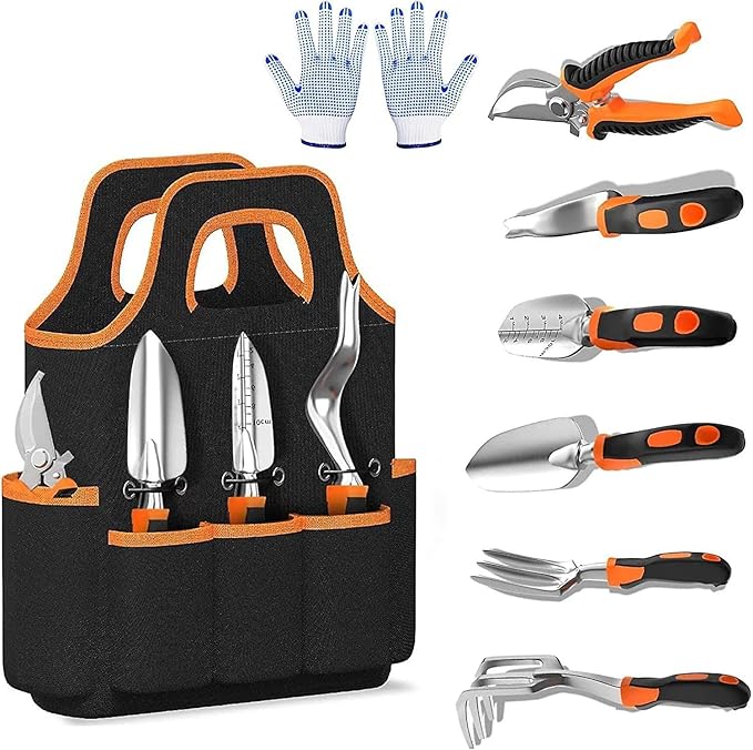 Garden Tool Set 8 Piece Gardening Tools Set with Non Slip Ergonomic Handle Heavy Duty Garden Tool Sets with Storage Bag for Outdoor Pruning(B-8pcs-Orange)