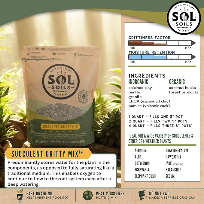 Sol Soils Fertilizer - Fast Draining Gritty Mix for Succulents - 2.5 Gallons - Coconut Husk Perlite Pumice