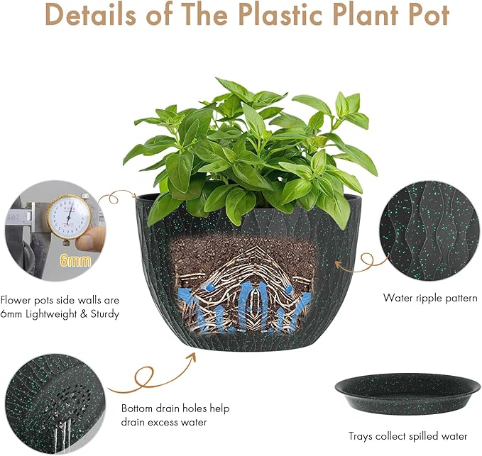 12 Inch Wide Water Ripples Flower Pots for Indoor or Outdoor Plants Large Plant Pots with Drainage Holes &amp Saucer Plastic Planters Set for Garden &amp Home Decor (Black with Green Speckles)