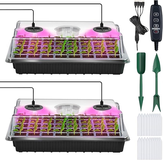 YAUNGEL Seed Starter Tray with Grow Light Seed Starter Kit with Timing Controller Adjustable Brightness 80 Cells Seed Trays for Indoor Planting with Humidity Domes Heightened Lids 2 Pack Black