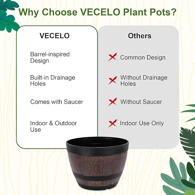 VECELO Plant Pots with Drainage Holes &amp Saucer 9 Inch Flower Pots with Tray 3 Pack Plastic Whiskey Barrel Planters for Indoor &amp Outdoor Garden Home Plants and Flowers