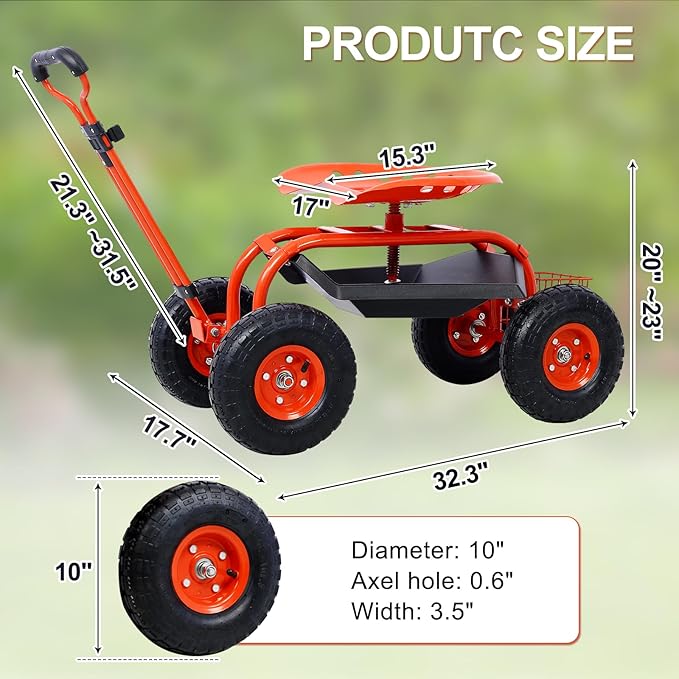 Donext Garden Cart Outdoor Rolling Garden with Wheels 360 Degree Swivel Seat Wagon Scooter with Steering Handle &amp Utility Tool Tray Red