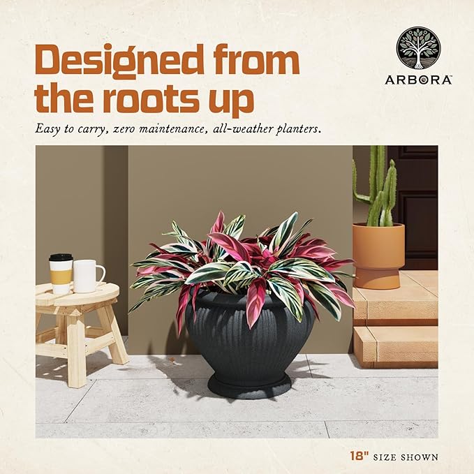 ARBORA 18 Cannes Urn Polyresin Indoor and Outdoor Planter with Classic Black Finish - Durable Weatherproof Lightweight Large Plant Pot for Patio Garden Deck Entryway