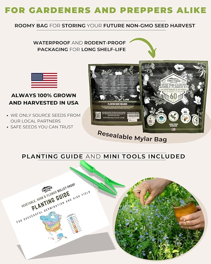 Tactiko Survival 60 Medicinal &amp Survival Seed Kit – Heirloom Non-GMO USA Grown Seeds for Vegetables Herbs &amp Edible Flowers – Emergency Food Supply Vault - Mylar Storage - Tools - Planting Gui