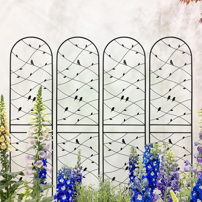 Heavy-Duty Metal Garden Trellis for Climbing Plants – Rust-Resistant Outdoor Flower Support with Decorative Bird Design (4 Pack-H86'')