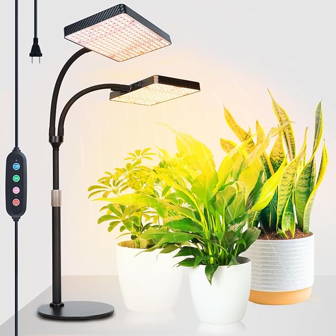 2026 2Head Desk Grow Light Big Coverage Tabletop Grow Lights for Indoor Plants Bonsai Seed Starting 4/8/12/16/20H Timer 50 Watt Power Draw NO Need Adapter 16-24 Height Adjustable