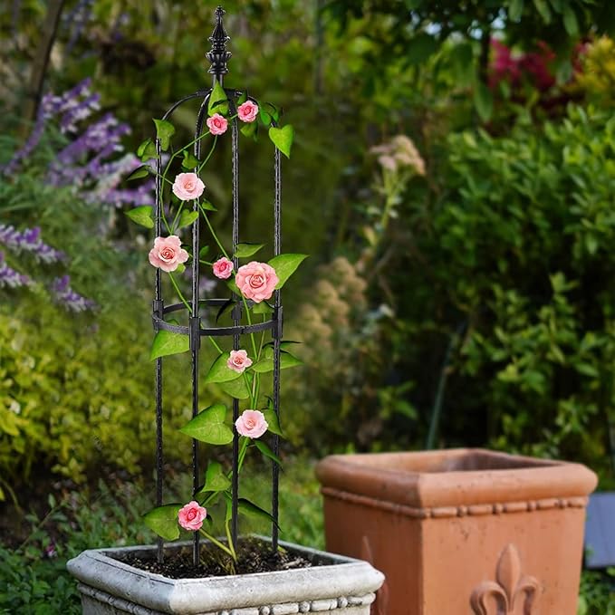 Trellis for Climbing Plants Outdoor3/4/5Ft Tower Garden Obelisk Trellis with Twist TieMetal Potted Plant Climbing Support for Indoor Outdoor Flowers Vegetable Fruits Vines Support (5FT)