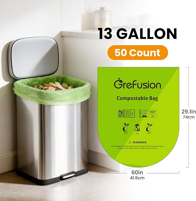 Compostable BagsTrash bags 13+ gallon tall kitchen Compostable Trash Lawn &amp Leaf Yard Waste BagsKitchen Compost Trash Bin CompatibleExtra Thick1.01 MillsCertified by BPI and OK Compost