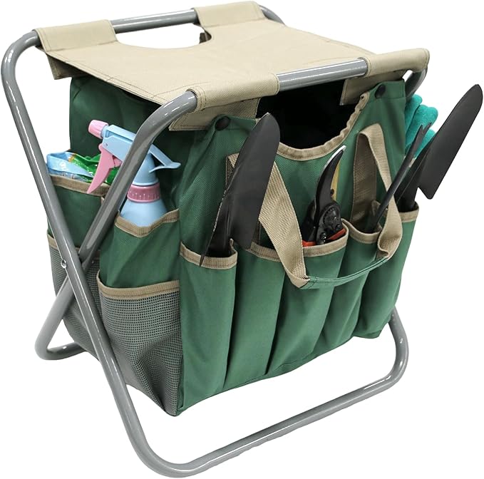 MDSTOP Folding Gardening Stool with Detachable Storage Tote Bag Gardening Tools Set Organizer for Fishing Outdoor Sports Hiking Camping Garden Gardening Gifts for Mom/Dad and Gardeners (Polyester)