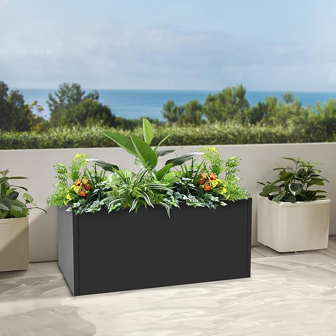 Metal Raised Garden Bed Modern Rectangular Planter Flower Box for Indoor Outdoor Balconies Gardens Decks Patios Decks Front Porches 38 * 15 * 15 in (Black)