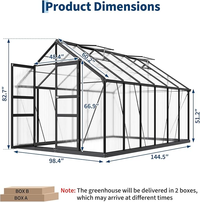 8x12 FT Polycarbonate GreenhouseLarge Walk-in SturdyOutdoor Aluminum Frame Greenhouse with Roof Vent Lockable Push Doorfor Garden Backyard Patio &amp Lawn(Black)