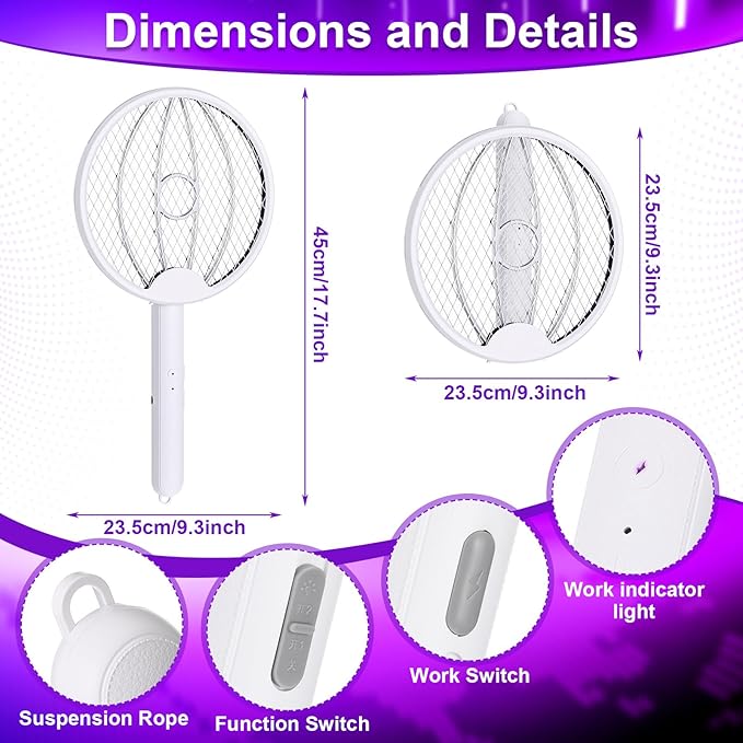 Qualirey 4 Pcs Electric Fly Swatter Bug Zapper Racket 2 in 1 USB Rechargeable Mosquito Racket 3000v High Powered Mosquito Killer for Indoor Outdoor Home Bedroom Kitchen Patio Office Insect (Foldable)