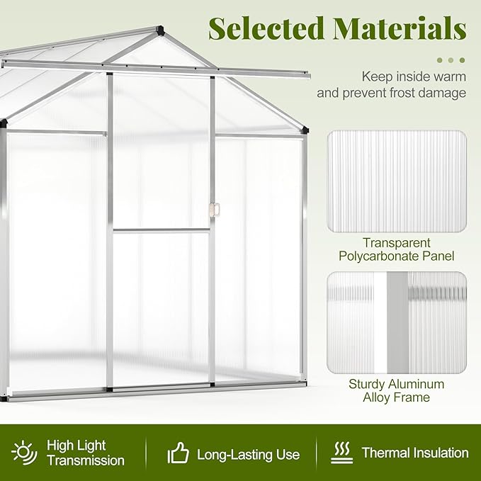 Happygrill Greenhouse 6 x 8 x 6.5FT Outdoor Polycarbonate Greenhouse w/ Sliding Door Adjustable Roof Vent Rain Gutter Heavy-Duty Aluminum Greenhouses for Outdoors Garden Backyard Patio Lawn