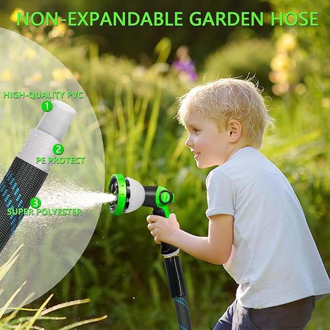 Garden Hose 50FT NON-EXPANDABLE Heavy-Duty Flexible &amp Lightweight Water Hose with 10-Function Nozzle No-Kink Leak-Proof Solid Fittings for Car RV Marine Camper Outdoor Yard Lawn