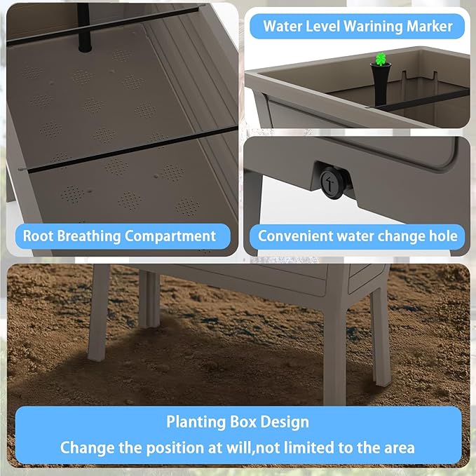 26.5 Gallon Elevated Raised Garden Bed 44 Large Planter Box Sturdy Resin Weather-Resistant Planting Container for Vegetables Herbs &amp Flowers Ergonomic Raised Bed for Patio Balcony (Taupe)