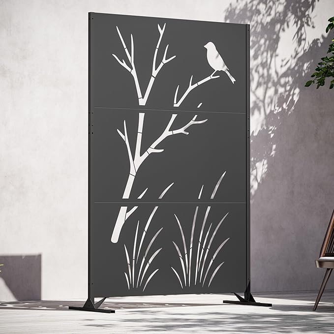 Modern Shade 4x6 FT Metal Privacy Screen with Artistic Modular Designs Decorative Patio Privacy Fence &amp Garden Divider Freestanding Outdoor Metal Fence Panel Weather-Resistant (Perch &amp Meado