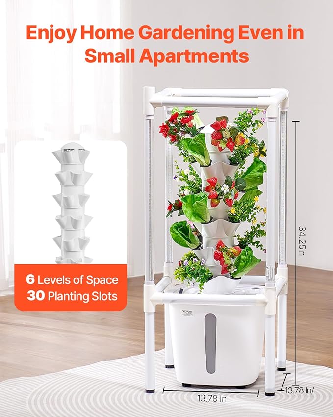 VEVOR Hydroponic Growing System with Grow Light 30 Pods Vertical 6 Tiers Hydroponic Tower Home Hydronic Garden with Water Pump Plants Germination Kit for Indoor Herbs Fruits and Vegetables