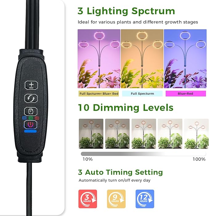 Grow Lights for Indoor Plants with Timer Three-Heads 63 Inch Vertical Grow Light Full Spectrum 216 LEDs 48W 3/6/12H Auto On/Off 3 Light Modes 10-Level Dimmable Gooseneck Standing Plant Lamp