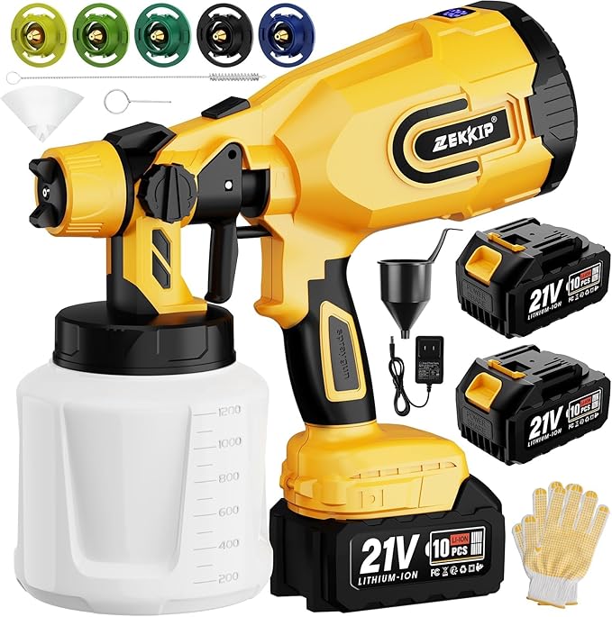 Cordless Paint Sprayer Gun with Battery 2 X 4000mAh Handheld Electric Paint Gun with 5 Copper Nozzles 1200ML Containers Paint Sprayer for House Painting Furniture Cabinets Fence Wall