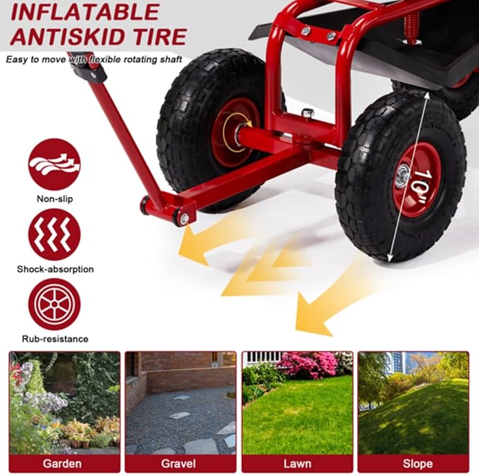 Rolling Garden Cart with Ergonomic Seat Outdoor Gardening Stool for Planting Garden Scooter with 360 Degree Swivel Seat &amp Steering Handle &amp Tool Tray (Handle Red)