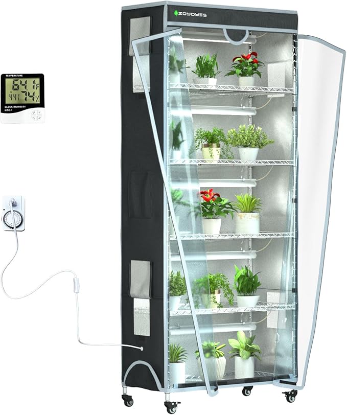Indoor Greenhouse 6-Tier Plant Rack with Cover 5 T8 Grow Lights Thermometer &amp Timer – Seedlings Flowering Herbs &amp Vegetables Indoor Gardening Easy Assembly 30 W x 14 D x 72 H