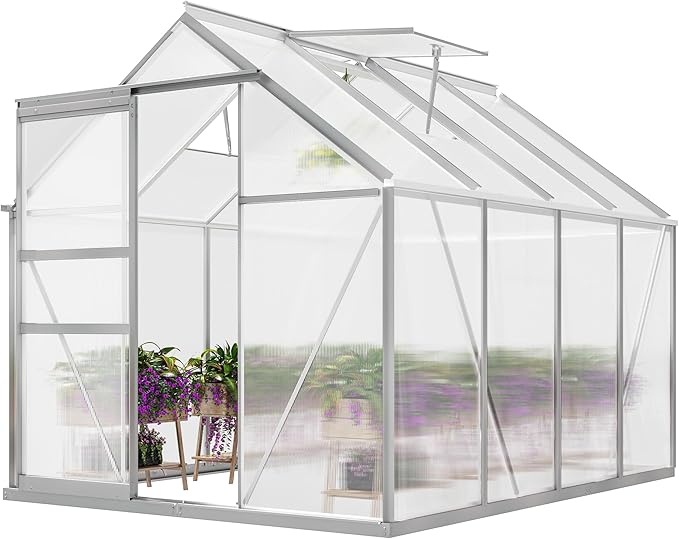 YITAHOME 6x8FT Polycarbonate Greenhouse Heavy Duty Green Houses Outdoor Aluminum Greenhouses with Sliding Doors Vent Window Walk-in Greenhouse Large Sun House for Garden Backyard Matte Silver
