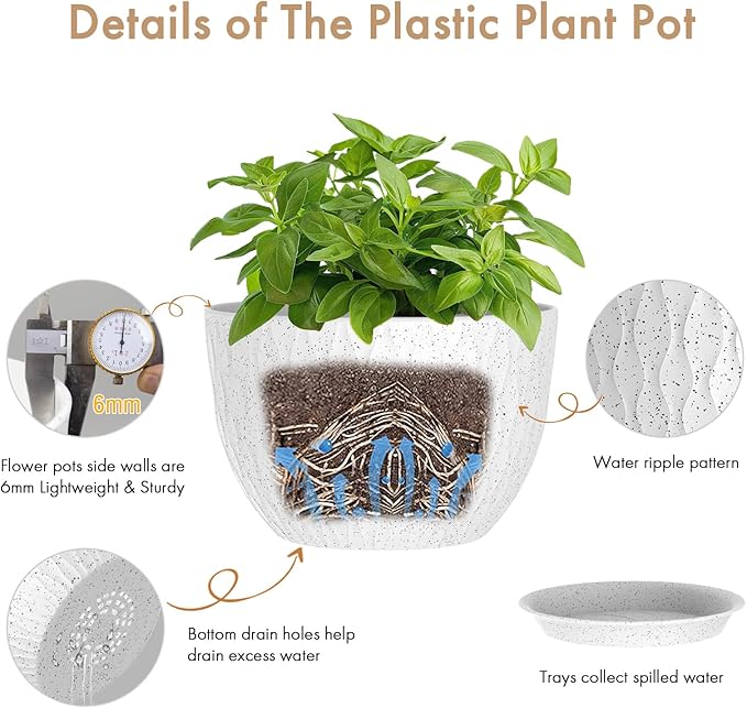 12 Inch Wide Water Ripples Flower Pots for Indoor or Outdoor Plants Large Plant Pots with Drainage Holes &amp Saucer Plastic Planters Set for Garden &amp Home Decor (White with Black Speckles)