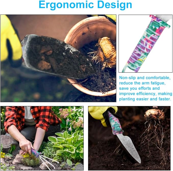 Jhua Garden Tool Set 10 Pieces Gardening Tools Kit with Purple Flower Print Ergonomic Handle Trowel Rake Weeder Pruner Shears Sprayer Garden Hand Tools with Carrying Case Gardening Gifts for Women