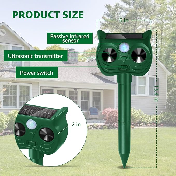 Solar Ultrasonic Animal Repellent Outdoor Motion Sensor Deer Repellent Devices Squirrel Cat Raccoon Deterrent with Strobe Light Dual Mode Keep Skunk Away Protection for Yard Garden Lawn 1Pack