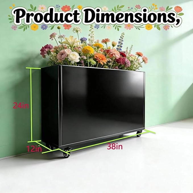 Modern Metal Planter Box Large Rectangular Planter for Outdoor Plants - Heavy Duty Tall Planter Box with Lockable Wheels Outdoor Planter for Porch/Patio/Garden (Black 38x12x24.5)