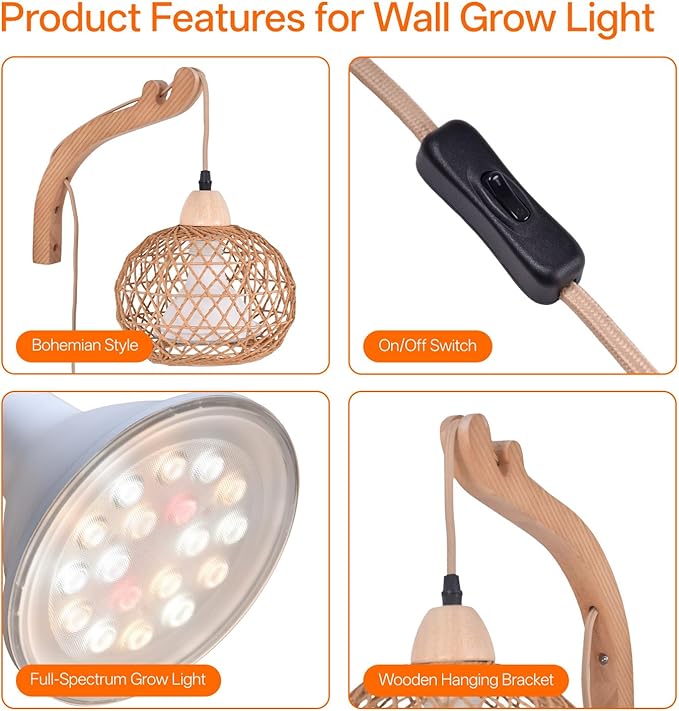 Bstrip Hanging Grow Lights for Indoor Plants 18W Full Spectrum Plant Light Boho Rattan Lantern Shade 3800K Wall-Mounted Decorative Grow Light with 9.8FT Power Cord for Indoor Plant Growing Flowers