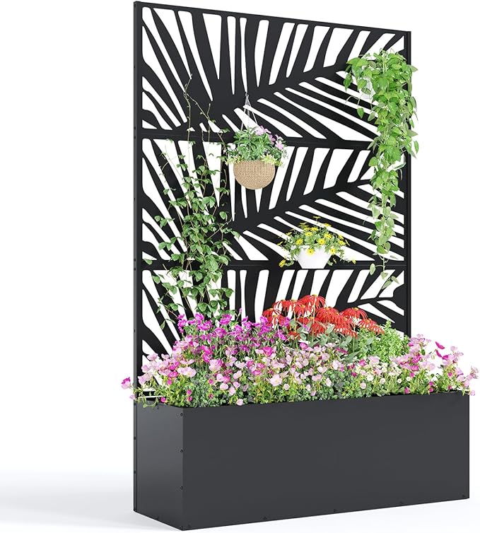 Large Metal Raised Garden Bed Planter Box with Trellis – Deep 15.8 for Climbing Plants Vegetables Privacy Screen Drainage Holes Modern Outdoor – 118x40x180cm Palm Leaf Design