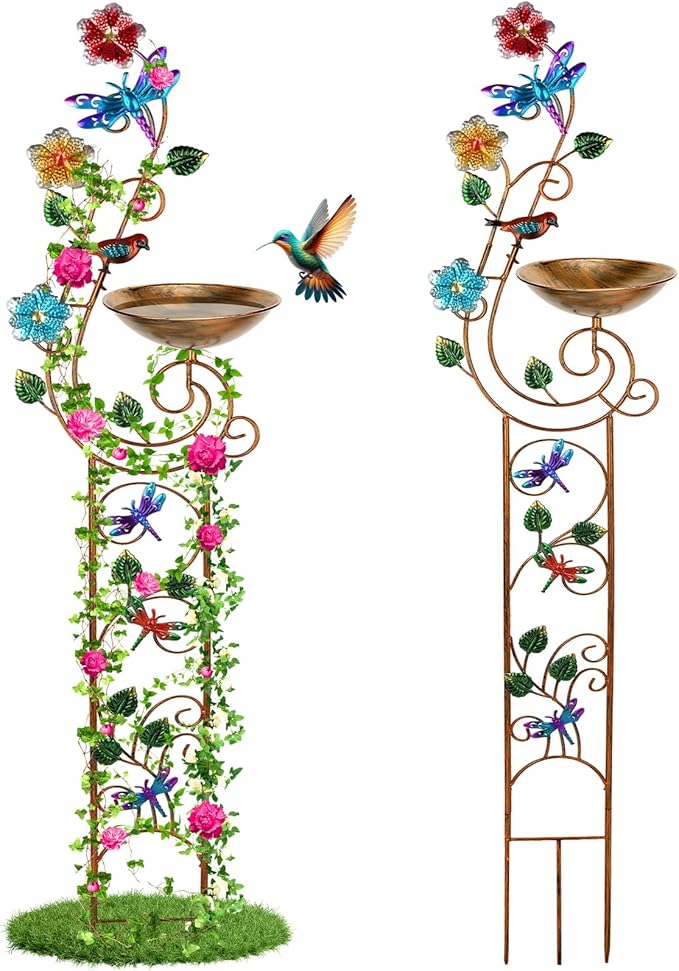 57” Bird Bath with Garden Trellis for Climbing Plants Outdoor Small Decorative Trellises Metal Birdbath Bird Baths 1 Piece (Dragonfly)