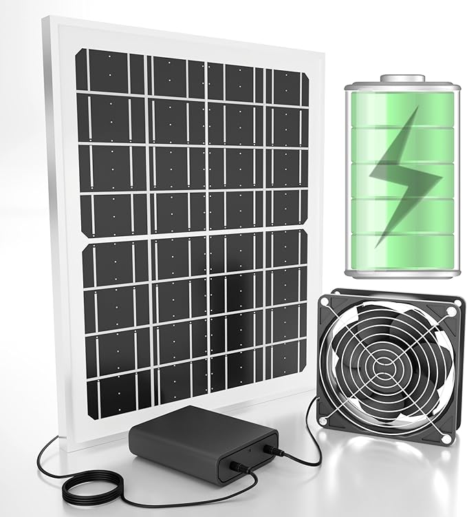 Chronoseek Solar Exhaust Vent Fan with 10000mAh Battery Backup for Outdoor Chicken Coops-Window Fan with 15W Waterproof Solar Panel3500 RPM Day or Night Solar Exhaust Fans for GreenhouseShedCamping